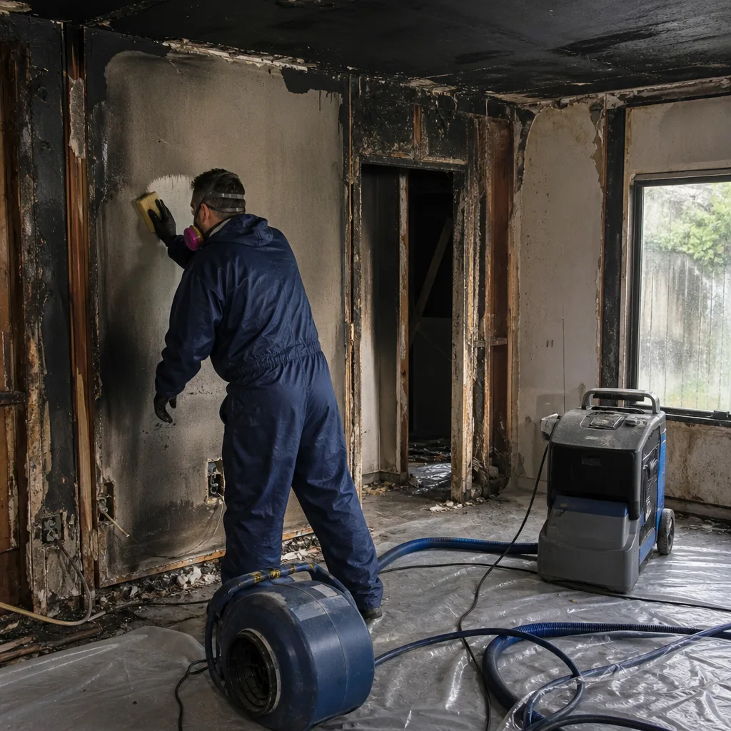 Restoration technician cleaning soot and smoke damage from a fire-damaged wall