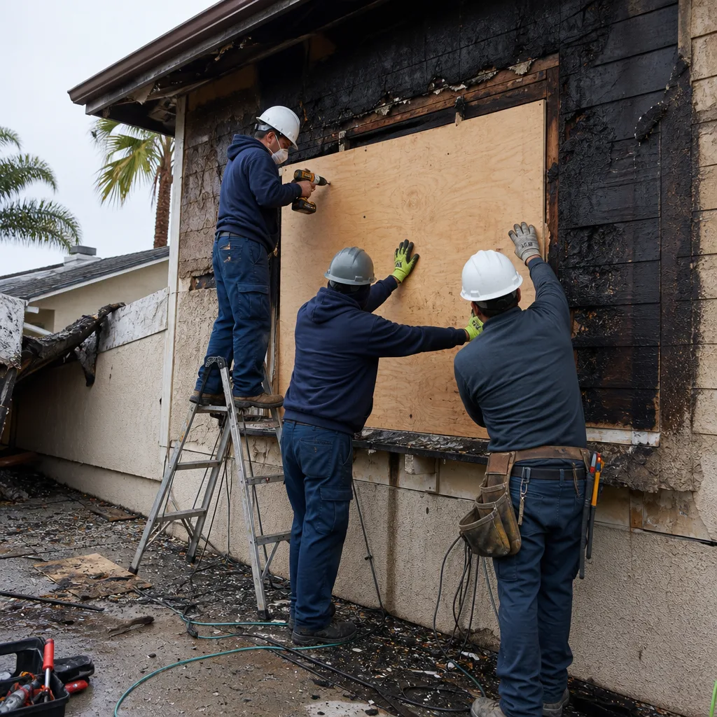 professional fire damage restoration team boarding up a burned residential window