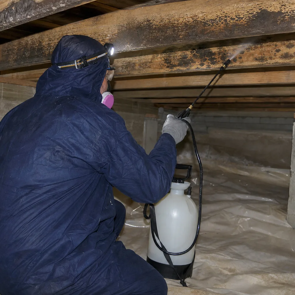 Technician in protective gear performing professional mold remediation in a crawl space