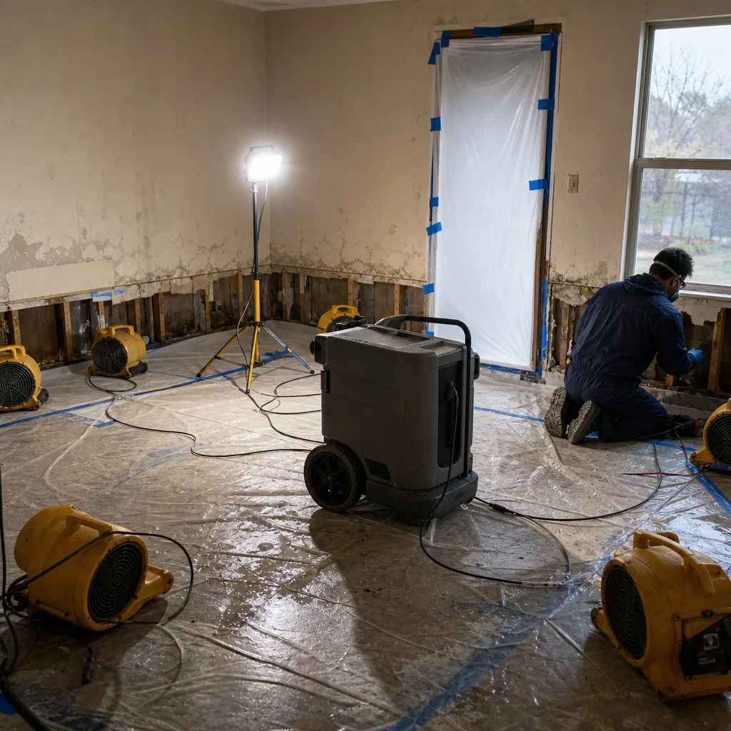 Professional performing water damage restoration with industrial drying equipment