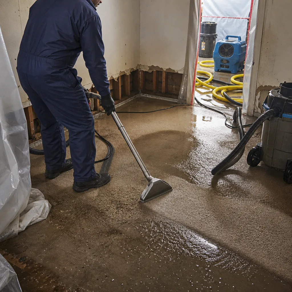 Water damage restoration professional extracting water from a flooded floor.