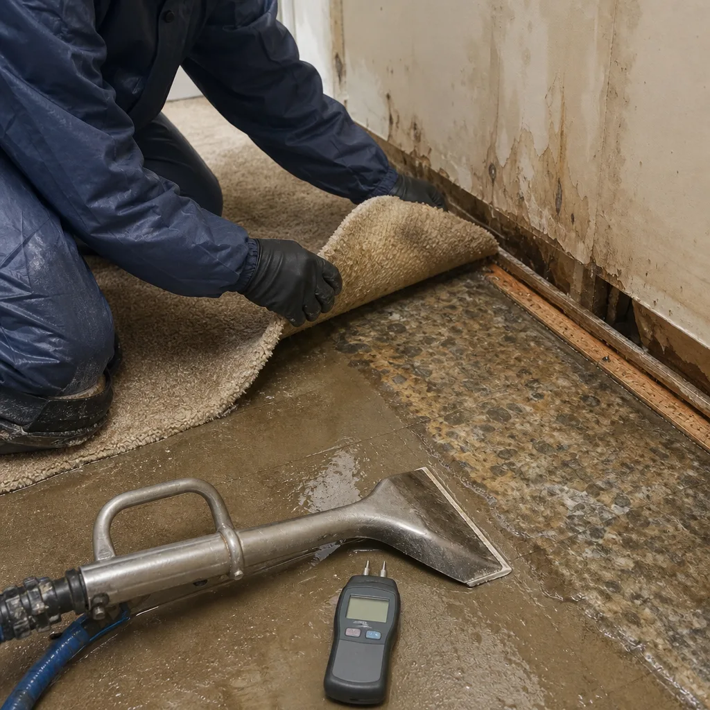 Water damage restoration professional inspecting flooded carpet and flooring